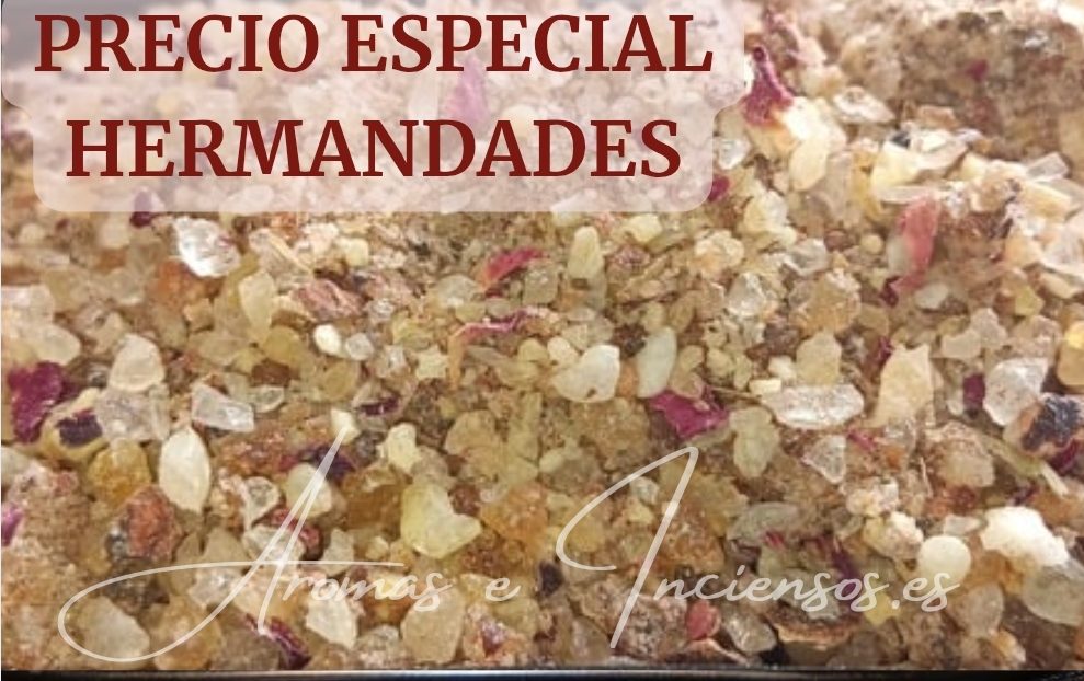 Granos de resina y flores secas con texto "Precio especial hermandades".